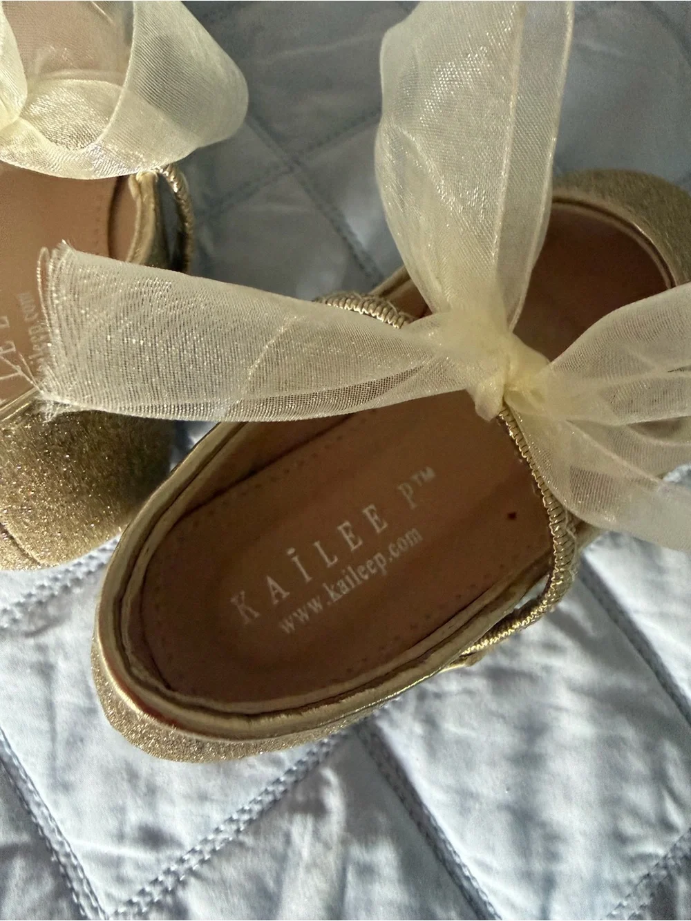 Girls Gold Glitter Dress Shoes with Sheer Bow